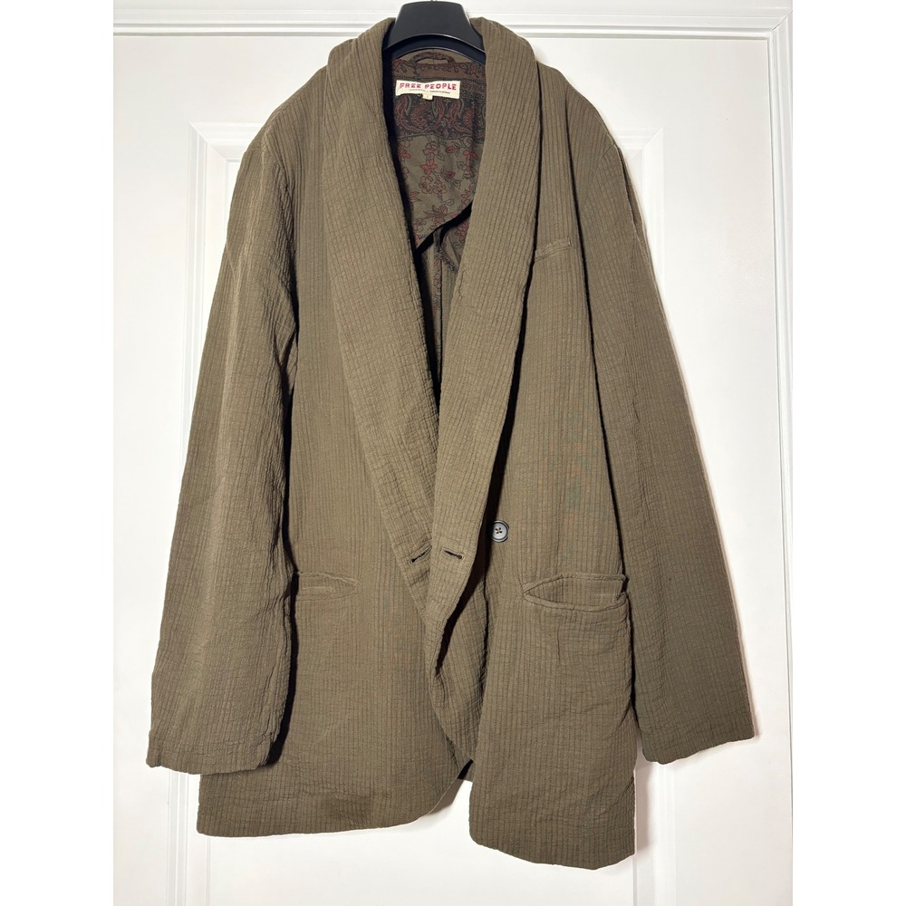 Free People Oversized Shawl Collar Blazer Olive Green‎ Textured Gauze Jacket L